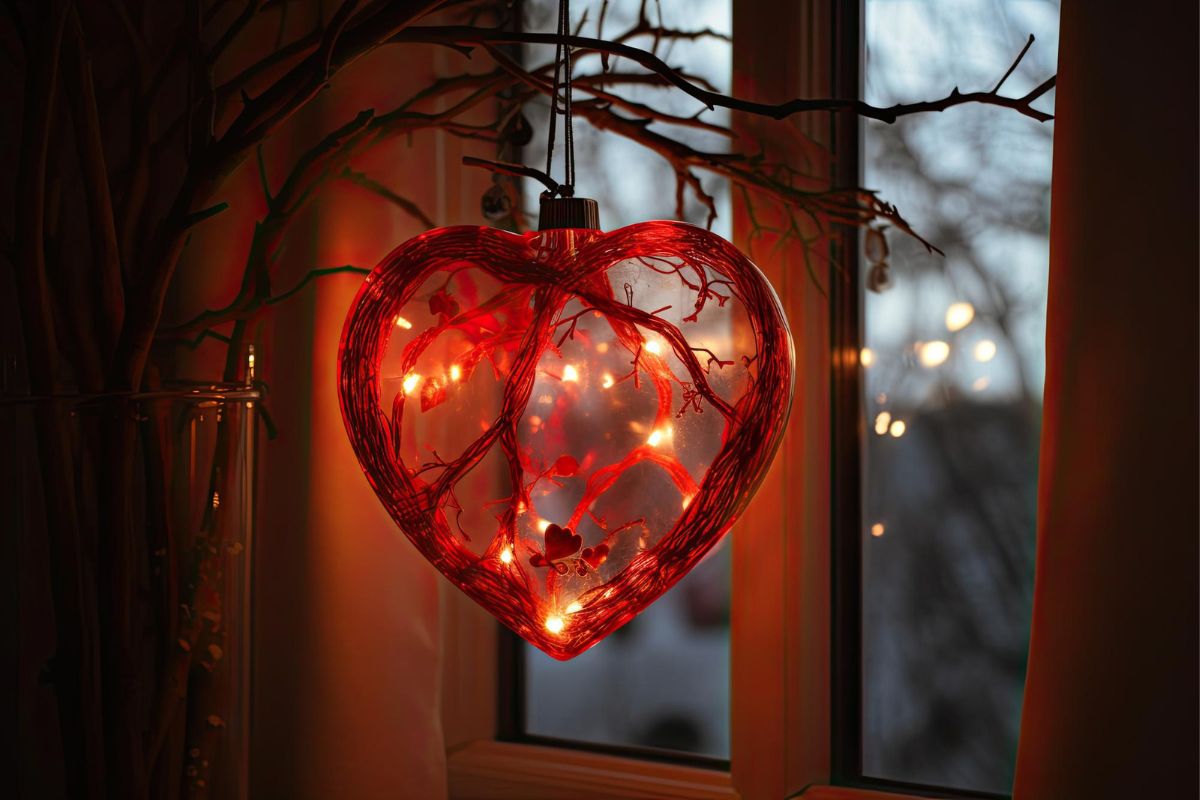 ciekawa dekoracja okienna w kształcie serca
