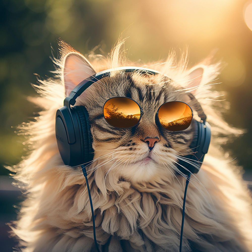 piękny kot w słuchawkach i okularach