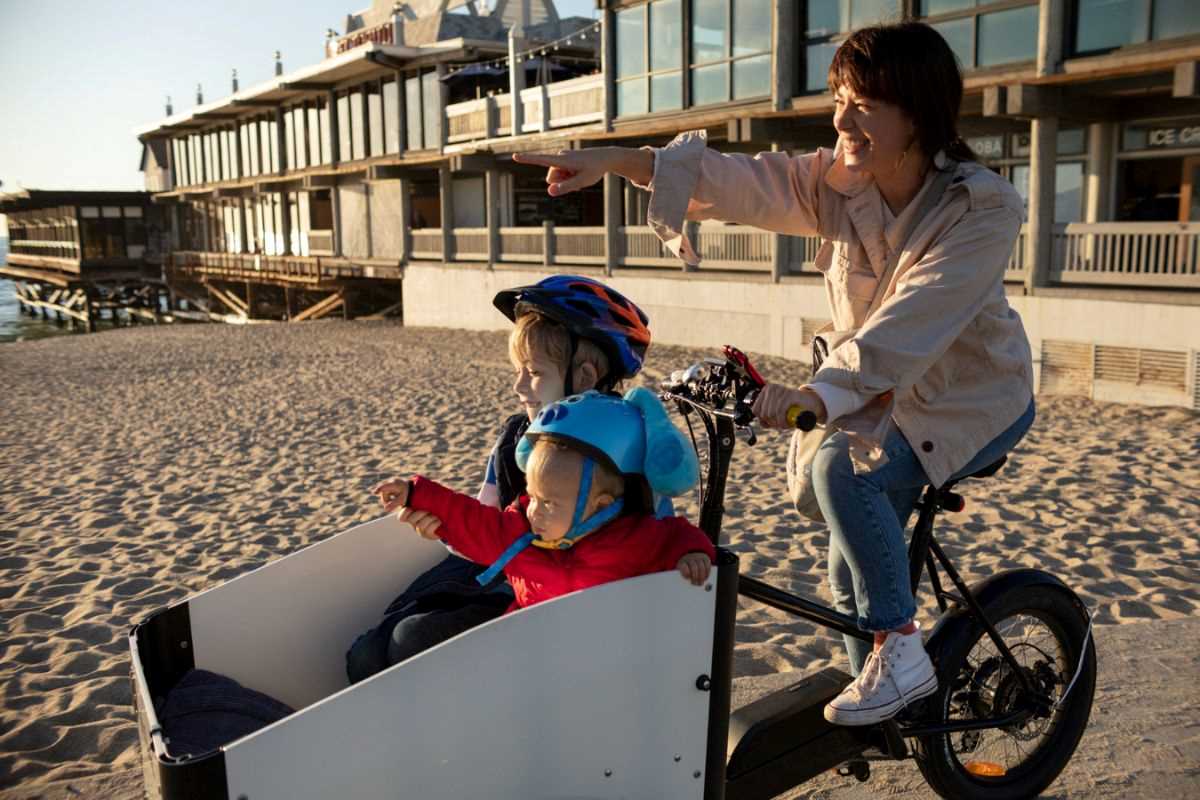 kobieta wozi rowerem dzieci