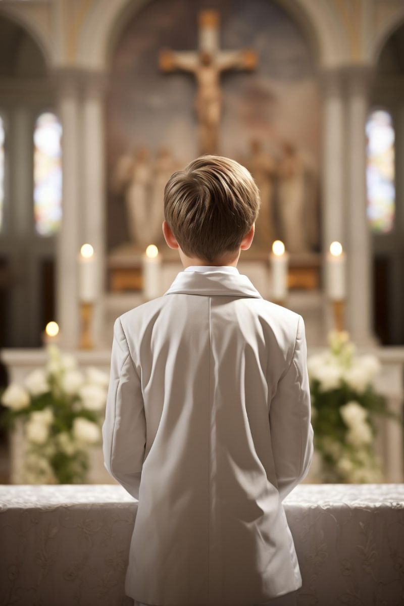 chłopiec ubrany na biało w kościele