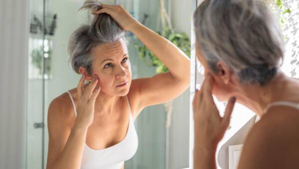 Kobieta z menopauza ogląda swoje włosy