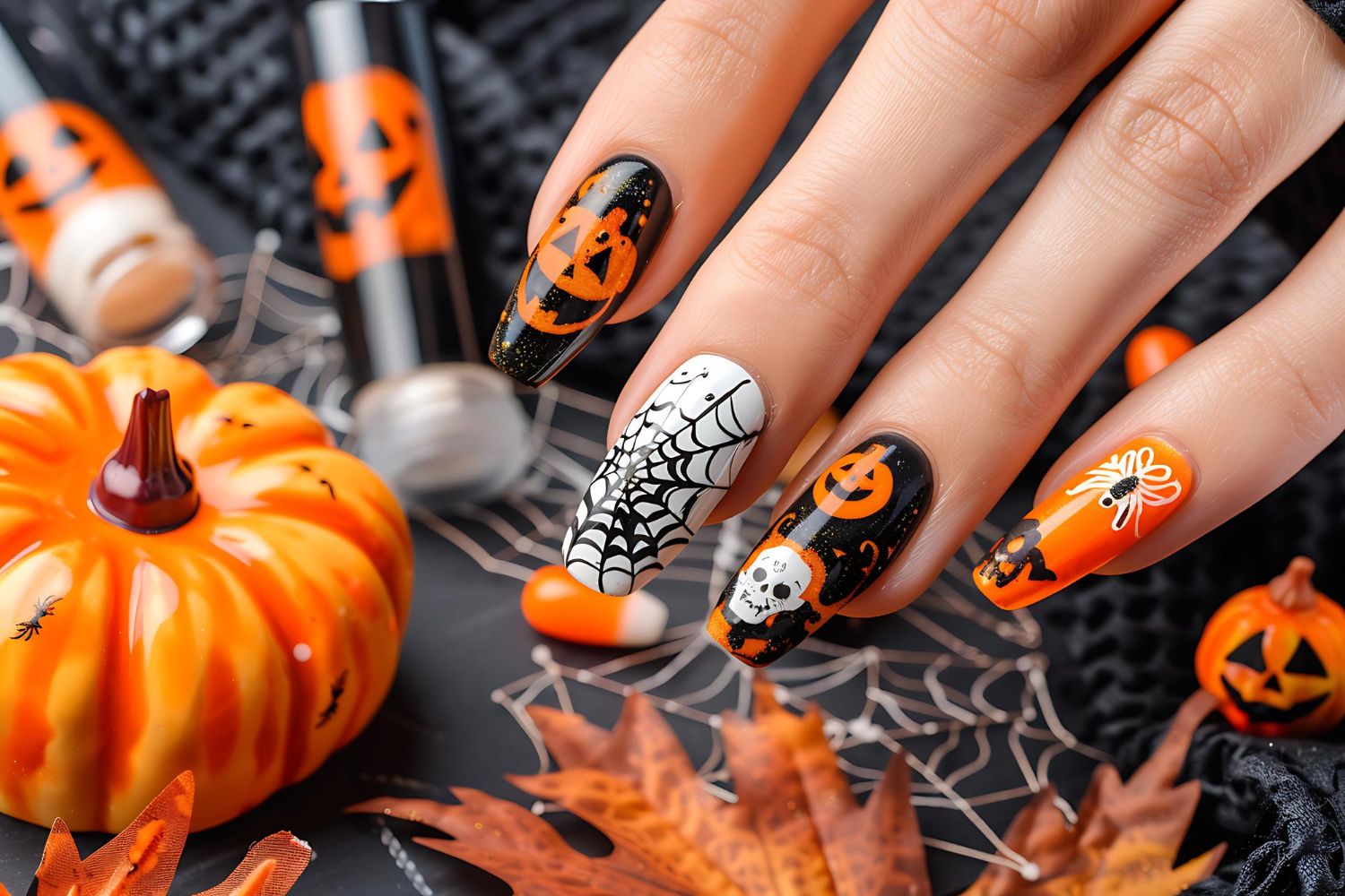 paznokcie na halloween z dynią