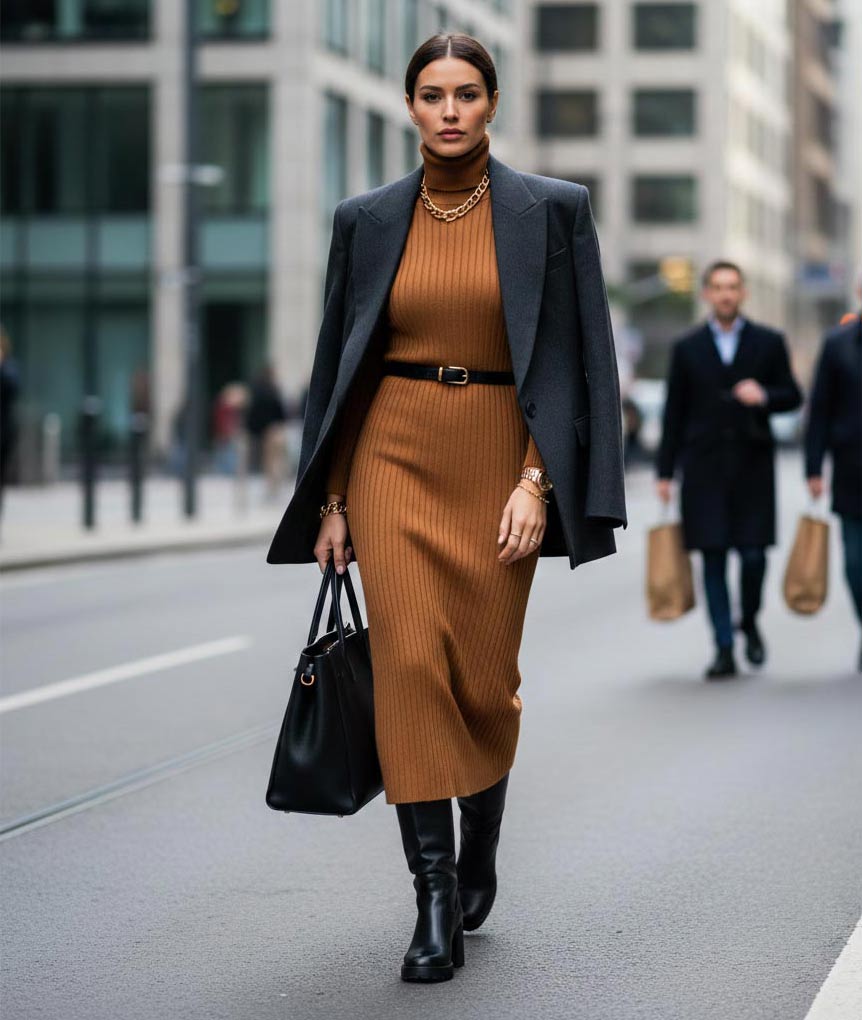 Stylizacja do pracy: karmelowa sukienka dzianinowa, szara marynarka i kozaki