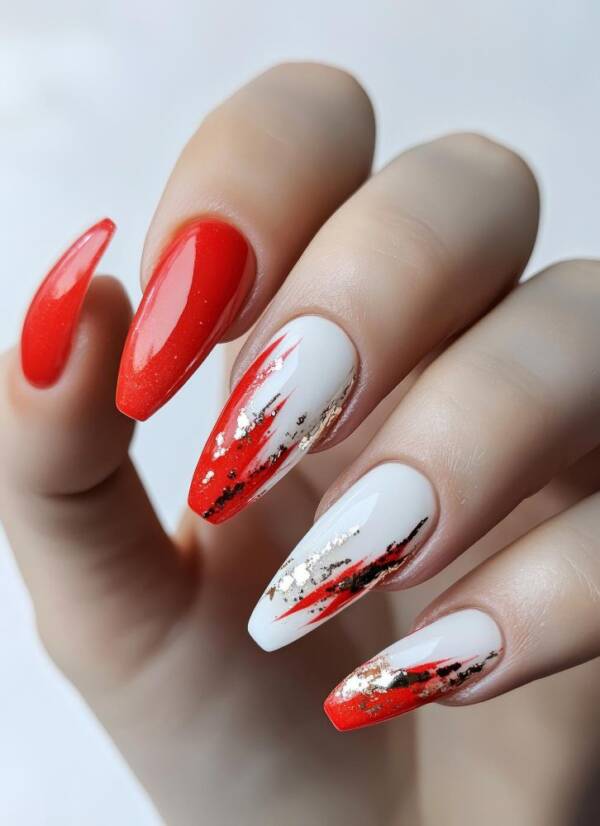 fantazyjne biało czerwone paznokcie