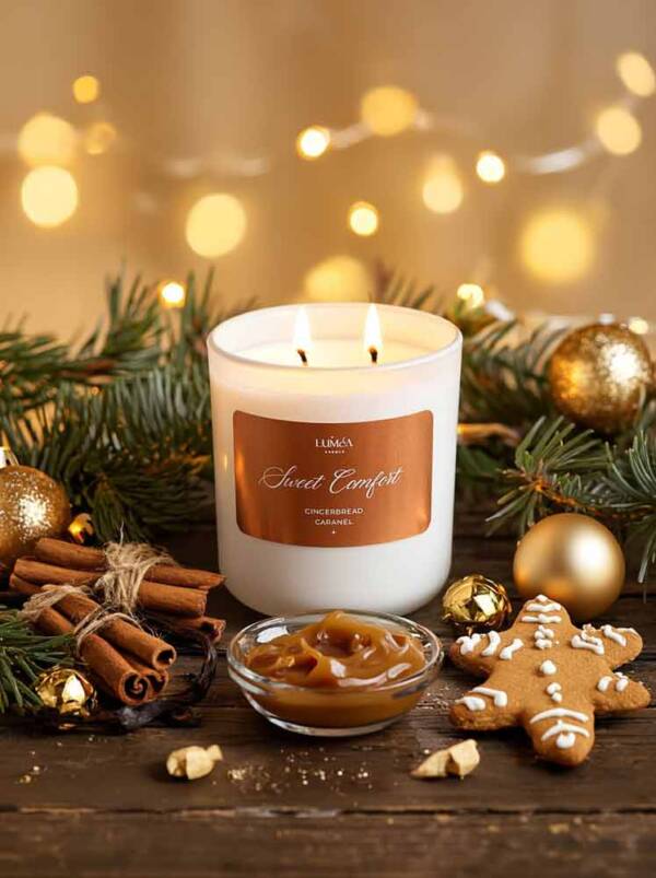 Świeca Sweet Comfort Luméa Candle z woskiem sojowym, otoczona cynamonem, karmelem i piernikiem w świątecznej aranżacji. Ciepłe światło i złote dekoracje.
