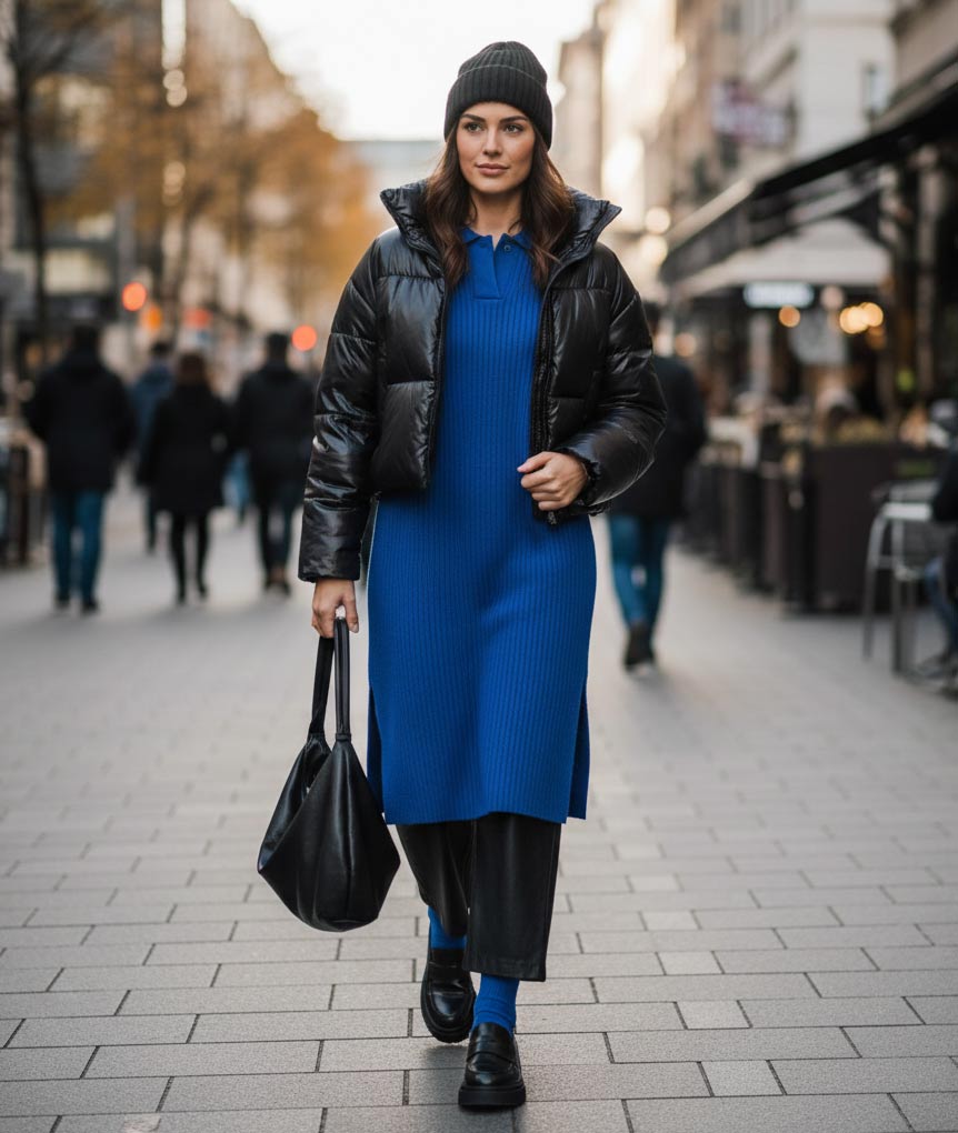 Stylizacja weekendowa: niebieska sukienka polo, skórzane spodnie i kurtka bomber