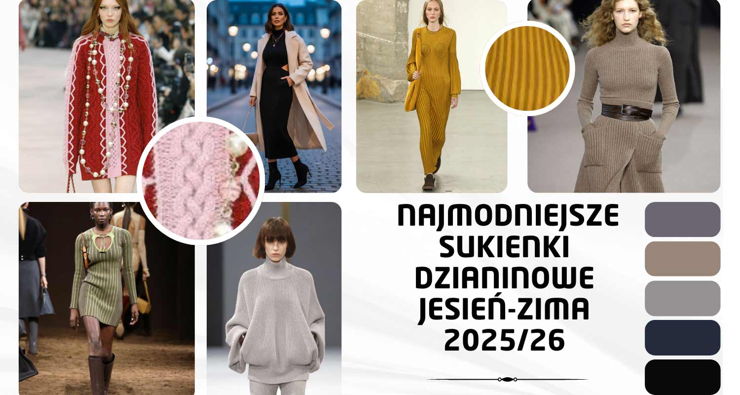 Kolaż modowy przedstawiający najmodniejsze sukienki dzianinowe na sezon jesień-zima 2025/2026. Grafika ukazuje różnorodne fasony z wybiegów: modelki w sukienkach prążkowanych maxi, z wycięciami cut-out, oversize oraz mini w paski. Po prawej stronie widoczna paleta modnych kolorów ziemi (beże, szarości, granat) oraz zbliżenia na faktury splotów.