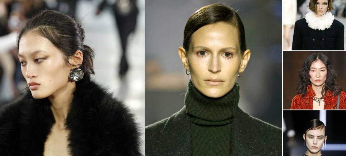 Trendy makijażowe jesień-zima 2025/2026 – kolaż zdjęć z wybiegów prezentujący modne makijaże: naturalna cera, podkreślone rzęsy i soft