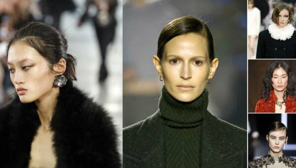 Trendy makijażowe jesień-zima 2025/2026 – kolaż zdjęć z wybiegów prezentujący modne makijaże: naturalna cera, podkreślone rzęsy i soft