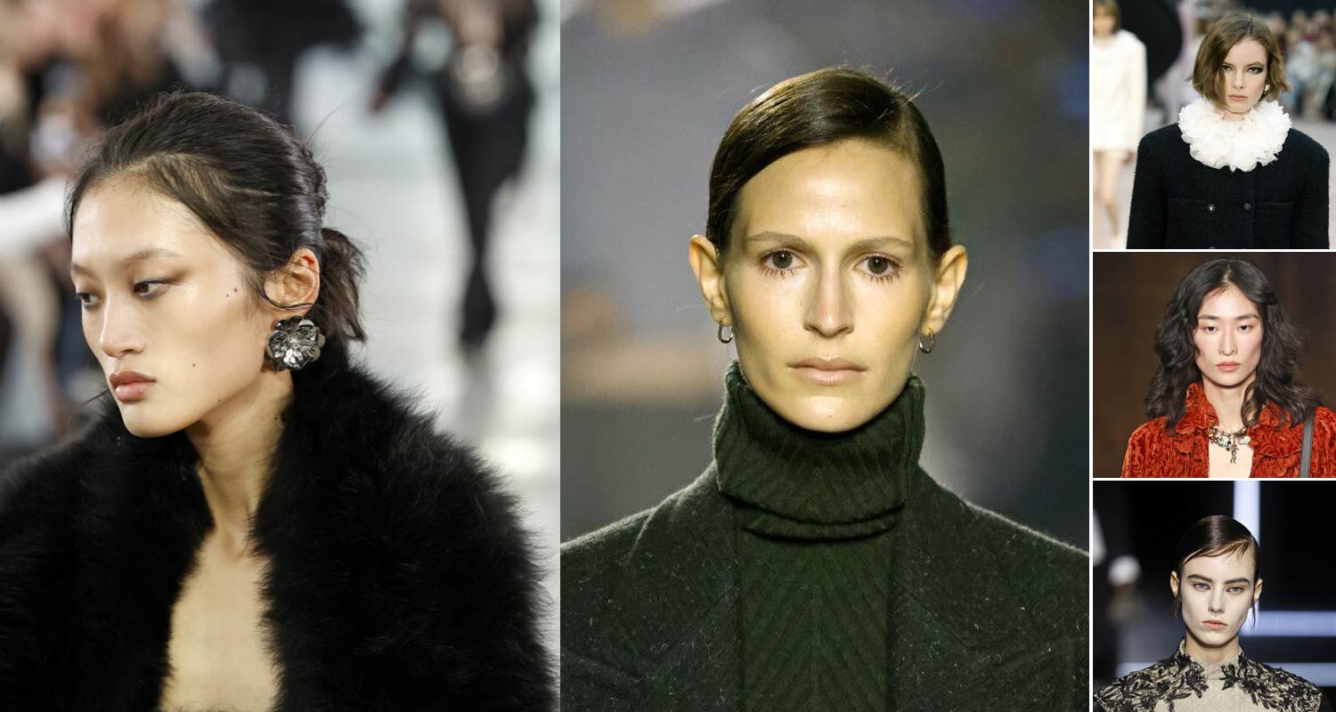 Trendy makijażowe jesień-zima 2025/2026 – kolaż zdjęć z wybiegów prezentujący modne makijaże: naturalna cera, podkreślone rzęsy i soft smokey eyes