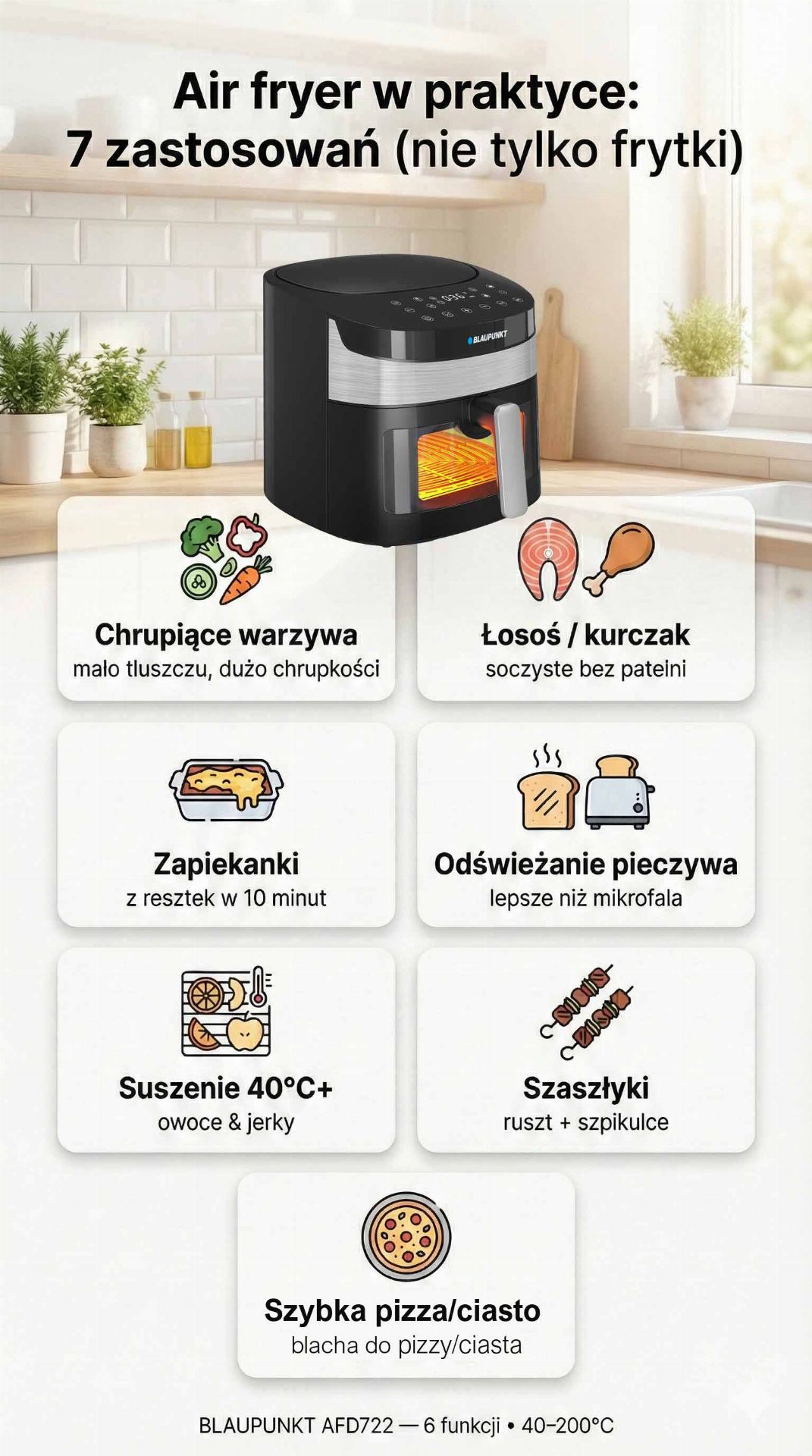 Infografika: Air fryer w praktyce – 7 zastosowań (chrupiące warzywa, łosoś/kurczak, zapiekanki, odświeżanie pieczywa, suszenie 40°C+, szaszłyki, szybka pizza) – BLAUPUNKT AFD722