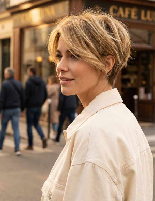Bixie cut – widok 3/4: separacja pasm, lekki nieład i twarzowe pasma z przodu
