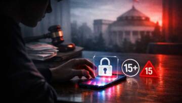 Nastolatek przy smartfonie i symbol blokady 15+ – dyskusja o zakazie social mediów dla dzieci w Polsce