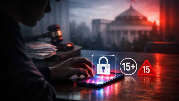 Nastolatek przy smartfonie i symbol blokady 15+ – dyskusja o zakazie social mediów dla dzieci w Polsce