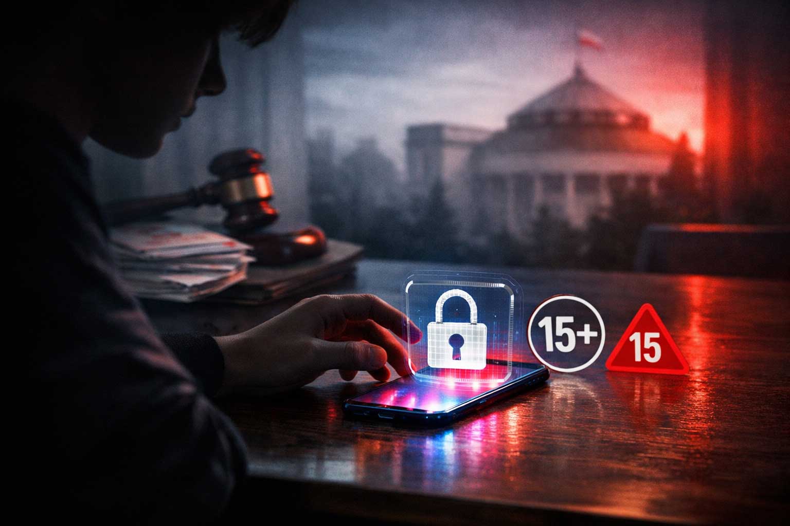 Nastolatek przy smartfonie i symbol blokady 15+ – dyskusja o zakazie social mediów dla dzieci w Polsce