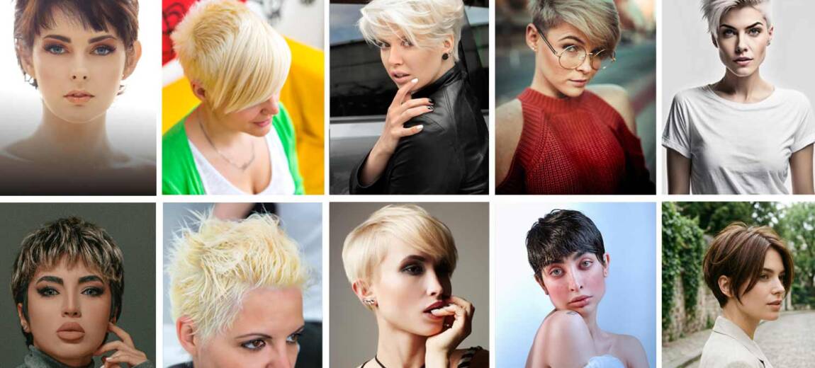 Bixie cut – kolaż inspiracji: różne warianty krótkiej fryzury (mix boba i pixie) z widokiem z boku i z tyłu, pokazujące warstwy, teksturę i kształt cięcia.