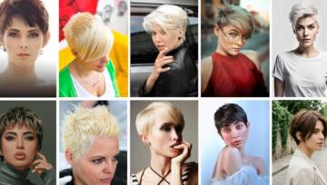 Bixie cut – kolaż inspiracji: różne warianty krótkiej fryzury (mix boba i pixie) z widokiem z boku i z tyłu, pokazujące warstwy, teksturę i kształt cięcia.