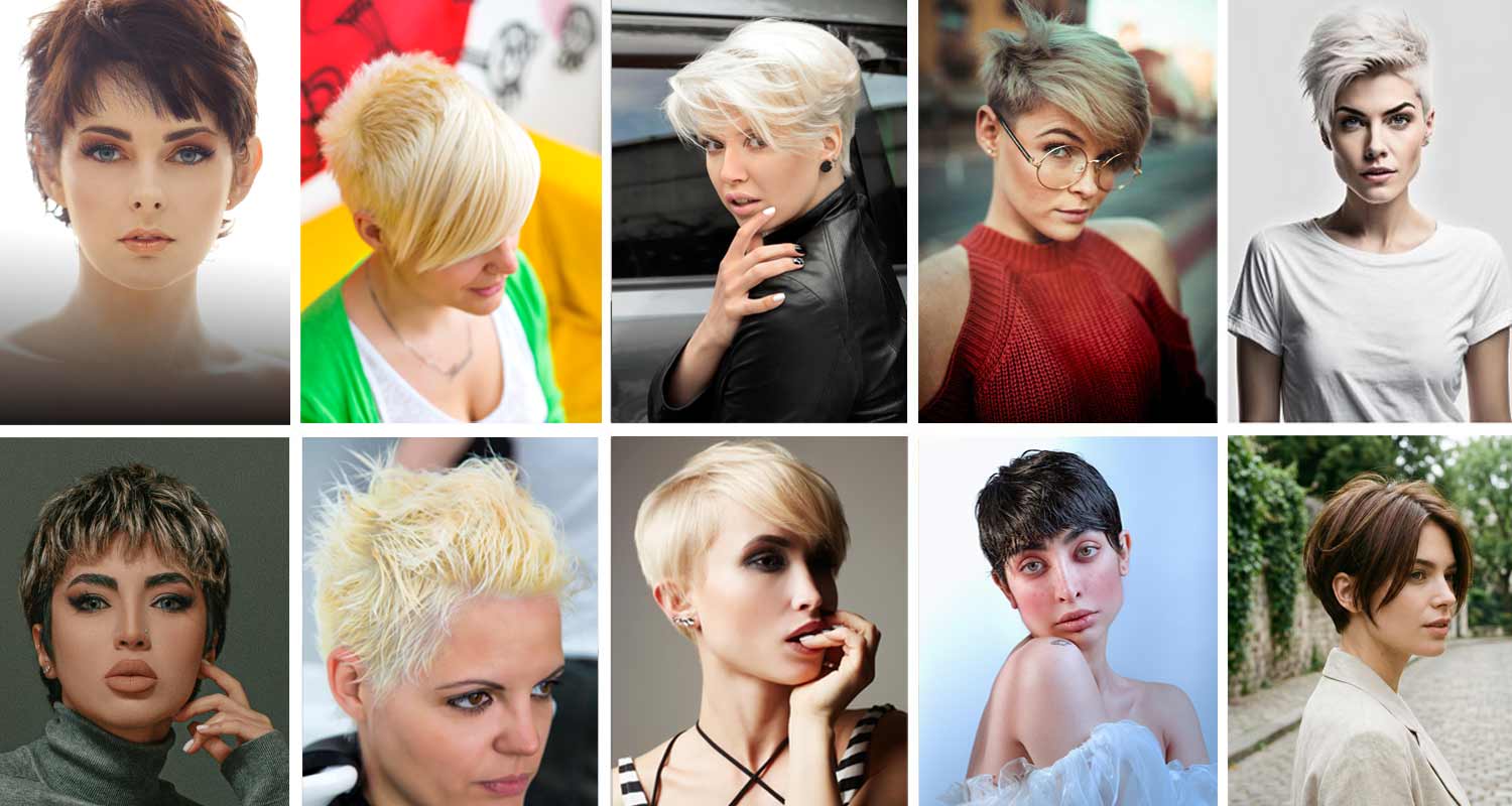 Bixie cut – kolaż inspiracji: różne warianty krótkiej fryzury (mix boba i pixie) z widokiem z boku i z tyłu, pokazujące warstwy, teksturę i kształt cięcia.