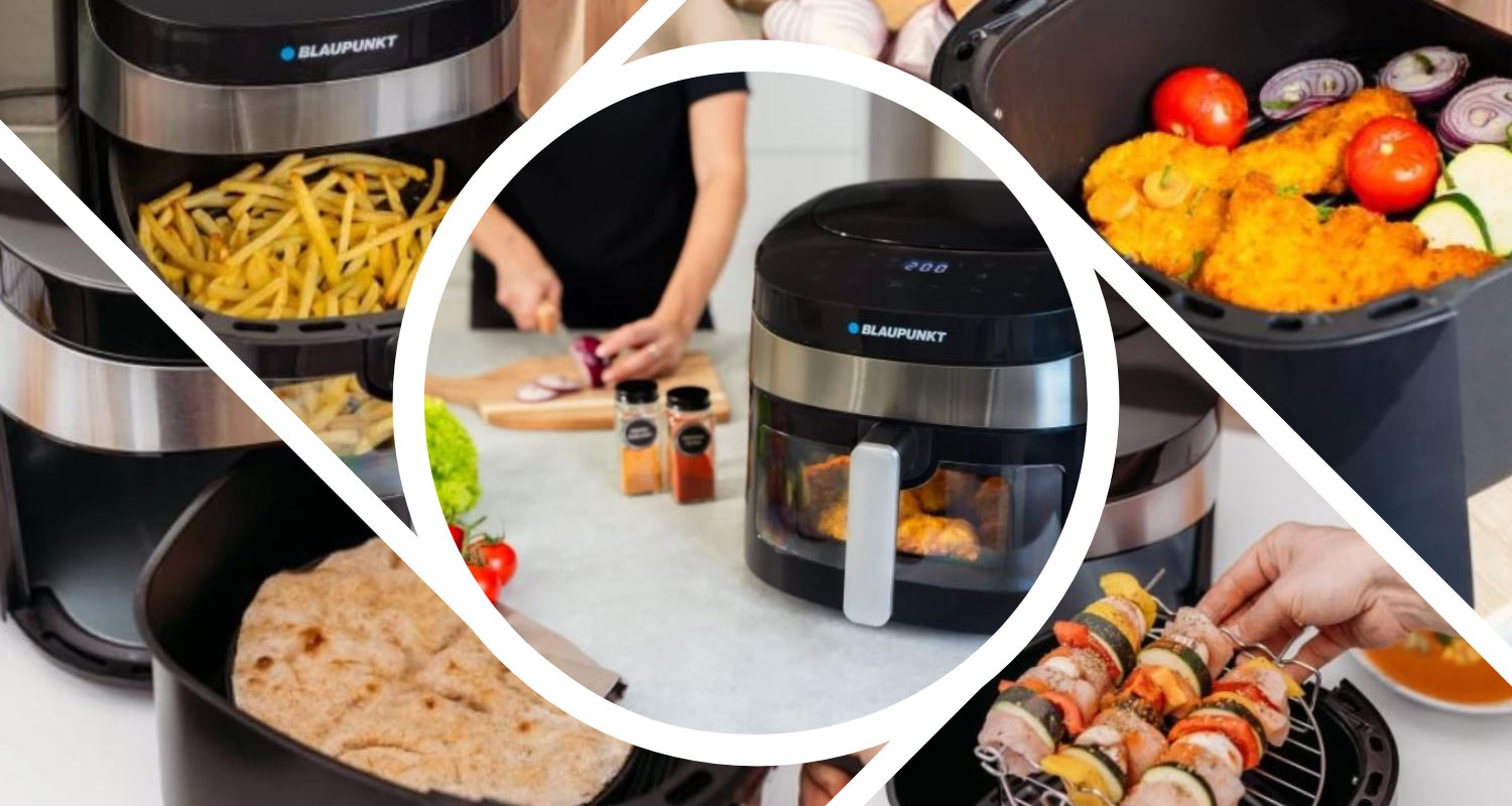 Air fryer BLAUPUNKT AFD722 – 7 zastosowań w kuchni: warzywa, łosoś, zapiekanki, pieczywo, suszenie, szaszłyki i pizza