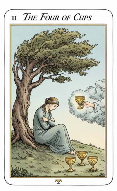 Karta Tarota 4 Kielichów – Cień dla Byka (znużenie i przeciążenie) 2–8 lutego 2026