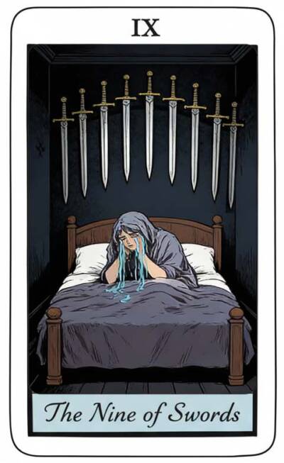 Karta Tarota 9 Mieczy – Cień dla Raka (nocne lęki i czarne scenariusze) 2–8 lutego 2026