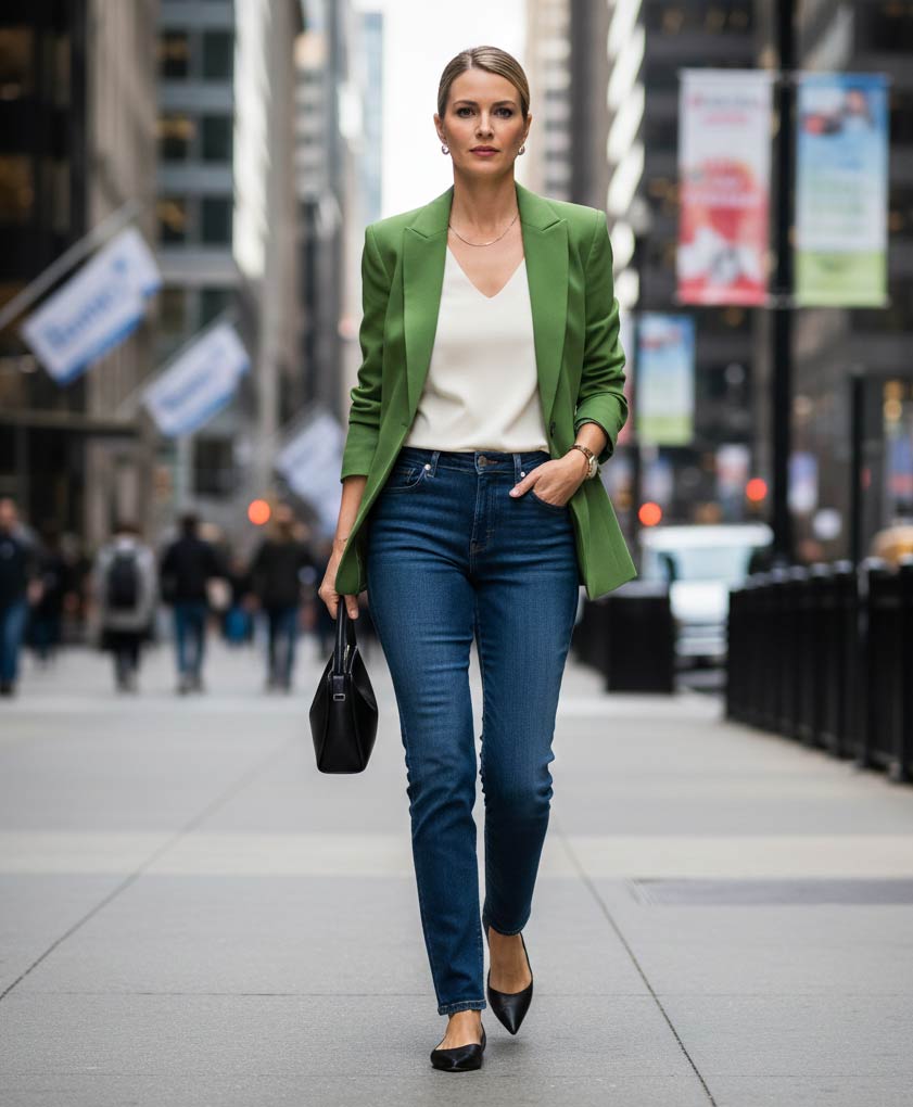 Stylizacja z jeansami indygo i akcentem wasabi – marynarka w zieleni wasabi jako trend 2026