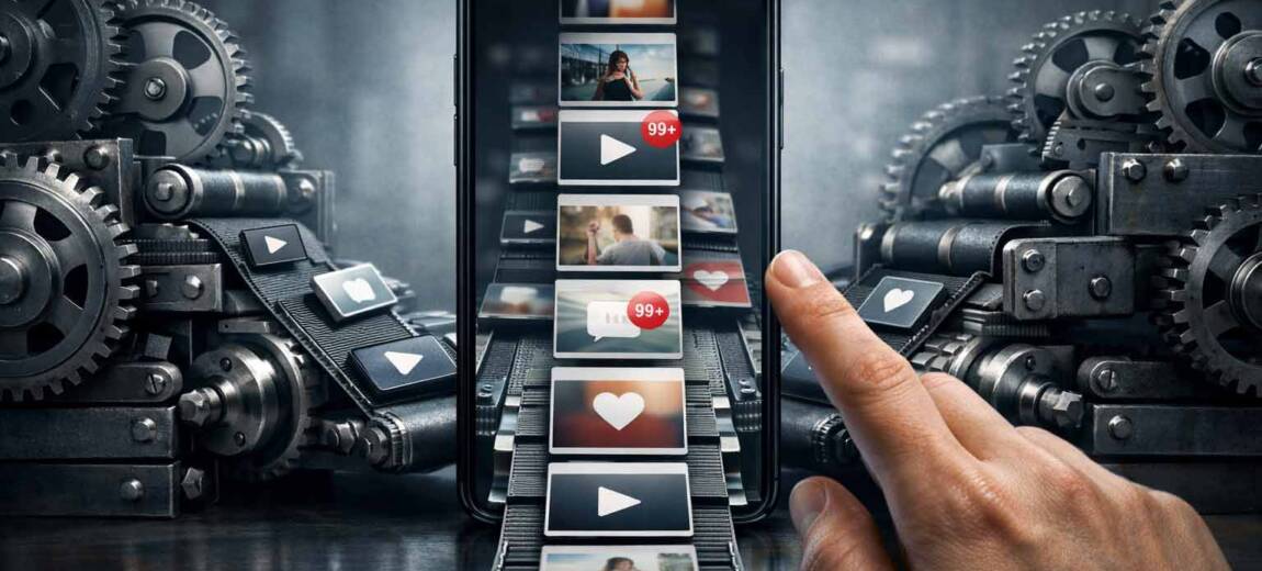 Smartfon jak fabryka treści: trybiki i taśmociąg symbolizują algorytmy podające kolejne posty, a dłoń automatycznie przewija ekran.