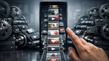 Smartfon jak fabryka treści: trybiki i taśmociąg symbolizują algorytmy podające kolejne posty, a dłoń automatycznie przewija ekran.