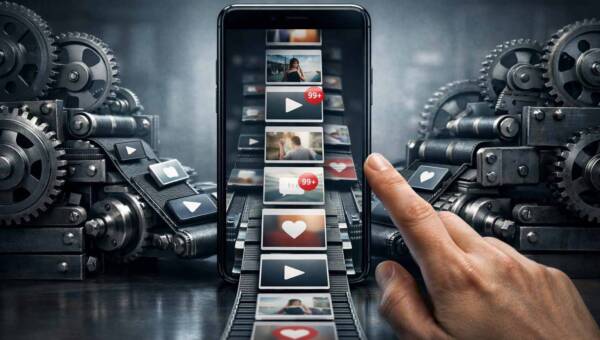 Smartfon jak fabryka treści: trybiki i taśmociąg symbolizują algorytmy podające kolejne posty, a dłoń automatycznie przewija ekran.