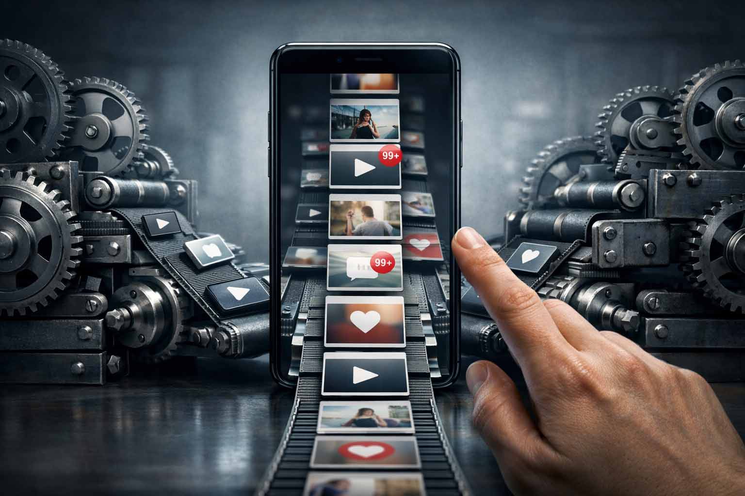 Smartfon jak fabryka treści: trybiki i taśmociąg symbolizują algorytmy podające kolejne posty, a dłoń automatycznie przewija ekran.