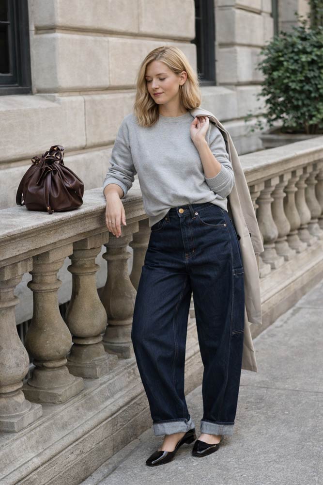 Jeansy barrel w ciemnym indygo – miękki fason beczułkowy w wersji do noszenia na co dzień