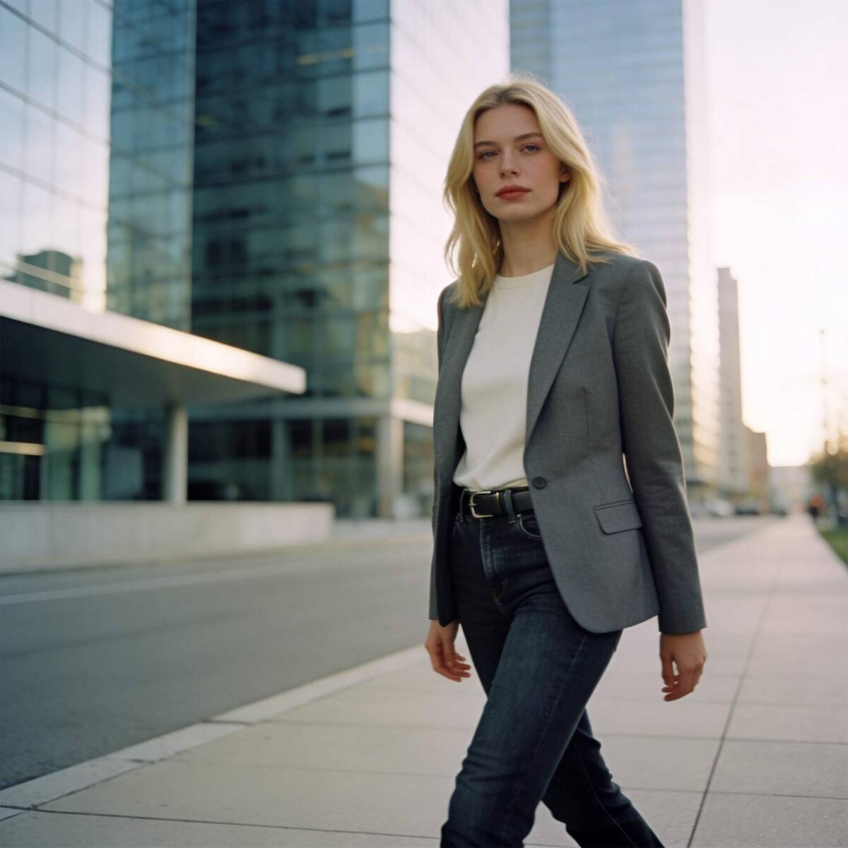 Stylizacja do pracy: jeansy indygo, szara marynarka i jasny top – profesjonalnie, ale na luzie