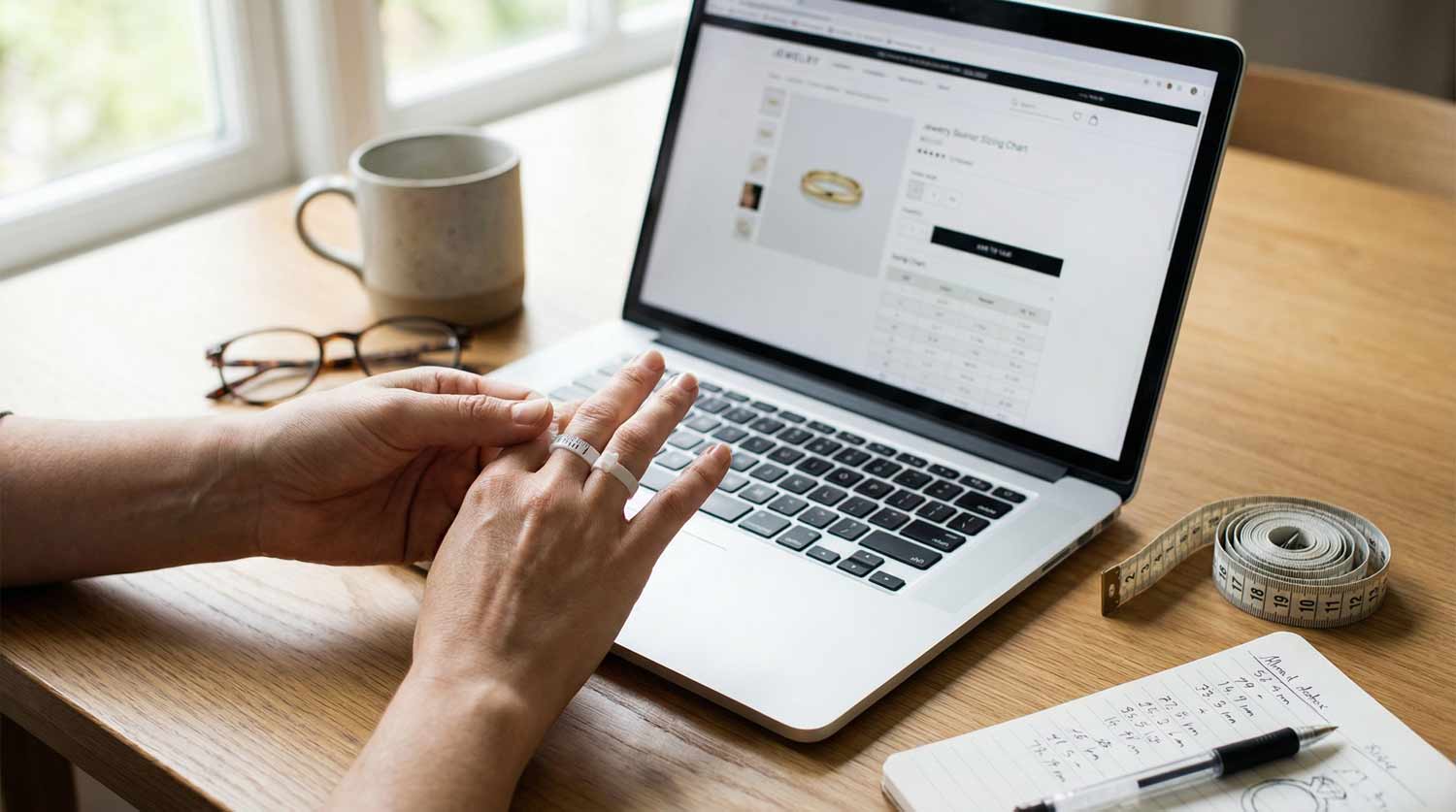 Osoba mierząca rozmiar pierścionka przy użyciu laptopa z otwartą stroną sklepu internetowego, na biurku widoczna miarka i notatki