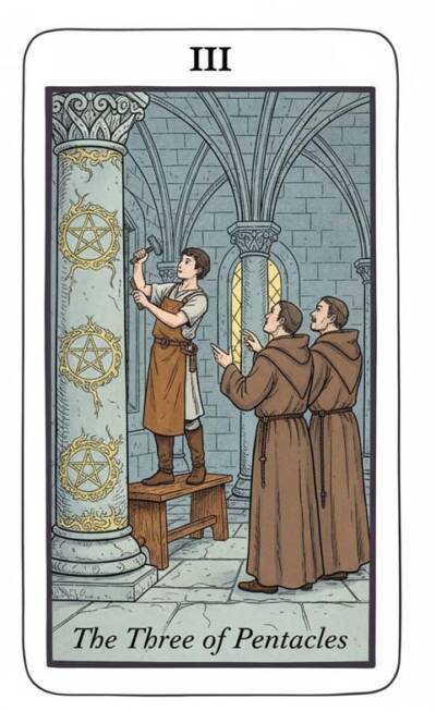 Karta Tarota 3 Denarów – Rada dla Strzelca (współpraca i delegowanie) 2–8 lutego 2026