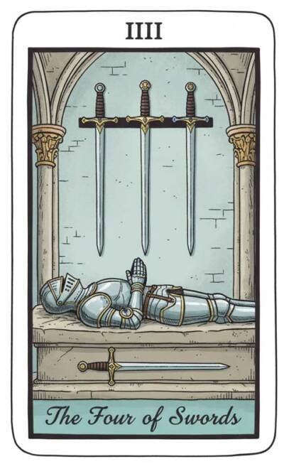 Karta Tarota 4 Mieczy – Rada dla Skorpiona (pauza i regeneracja) 2–8 lutego 2026