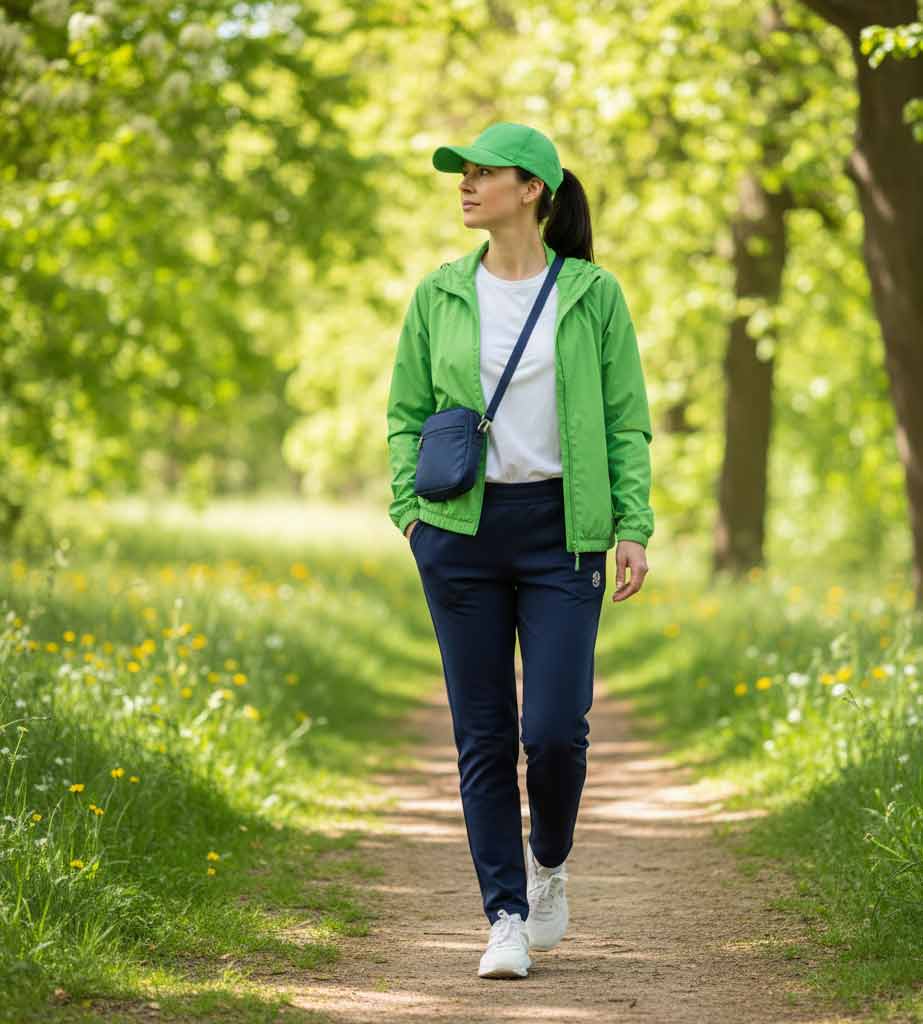Wasabi green w codziennym looku: kurtka w odcieniu wasabi zestawiona z beżem/taupe i granatem