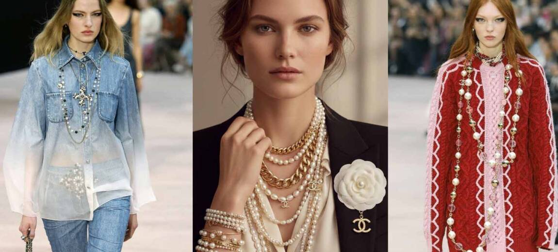 Modelki na pokazie Chanel w warstwowej biżuterii: perły, łańcuchy i broszki
