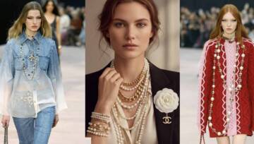 Modelki na pokazie Chanel w warstwowej biżuterii: perły, łańcuchy i broszki