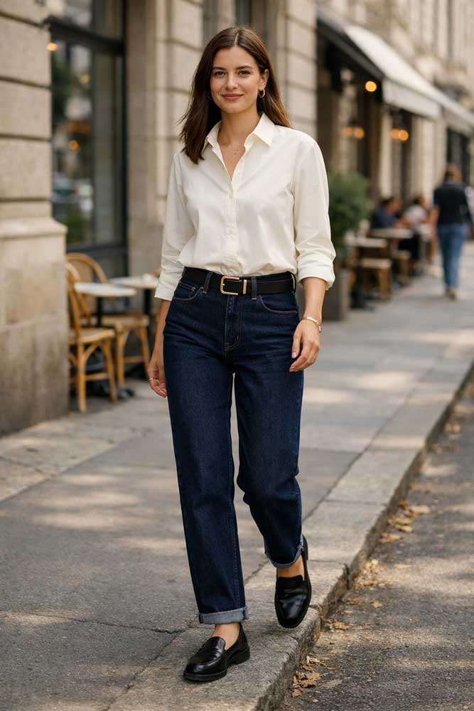 Jeansy w ciemnym indygo z podwiniętą nogawką – stylowy detal i lekkość stylizacji