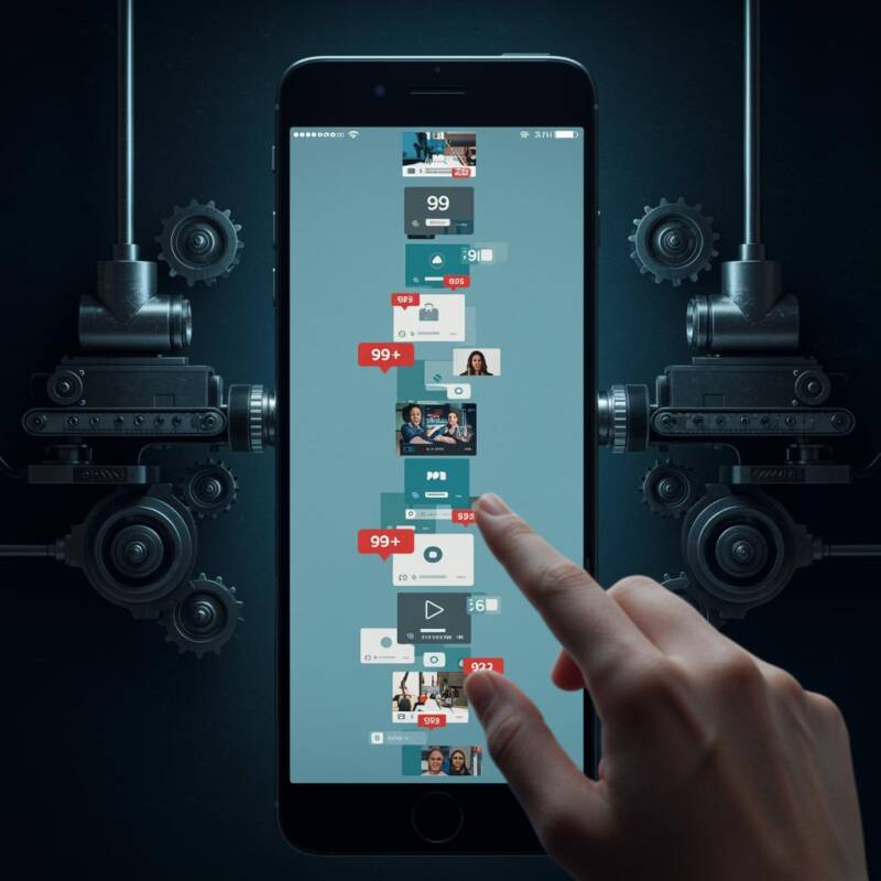Algorytm jako taśma produkcyjna: mechaniczne trybiki i conveyor belt „dokładają” treści do telefonu – metafora infinite scroll i autoplay.