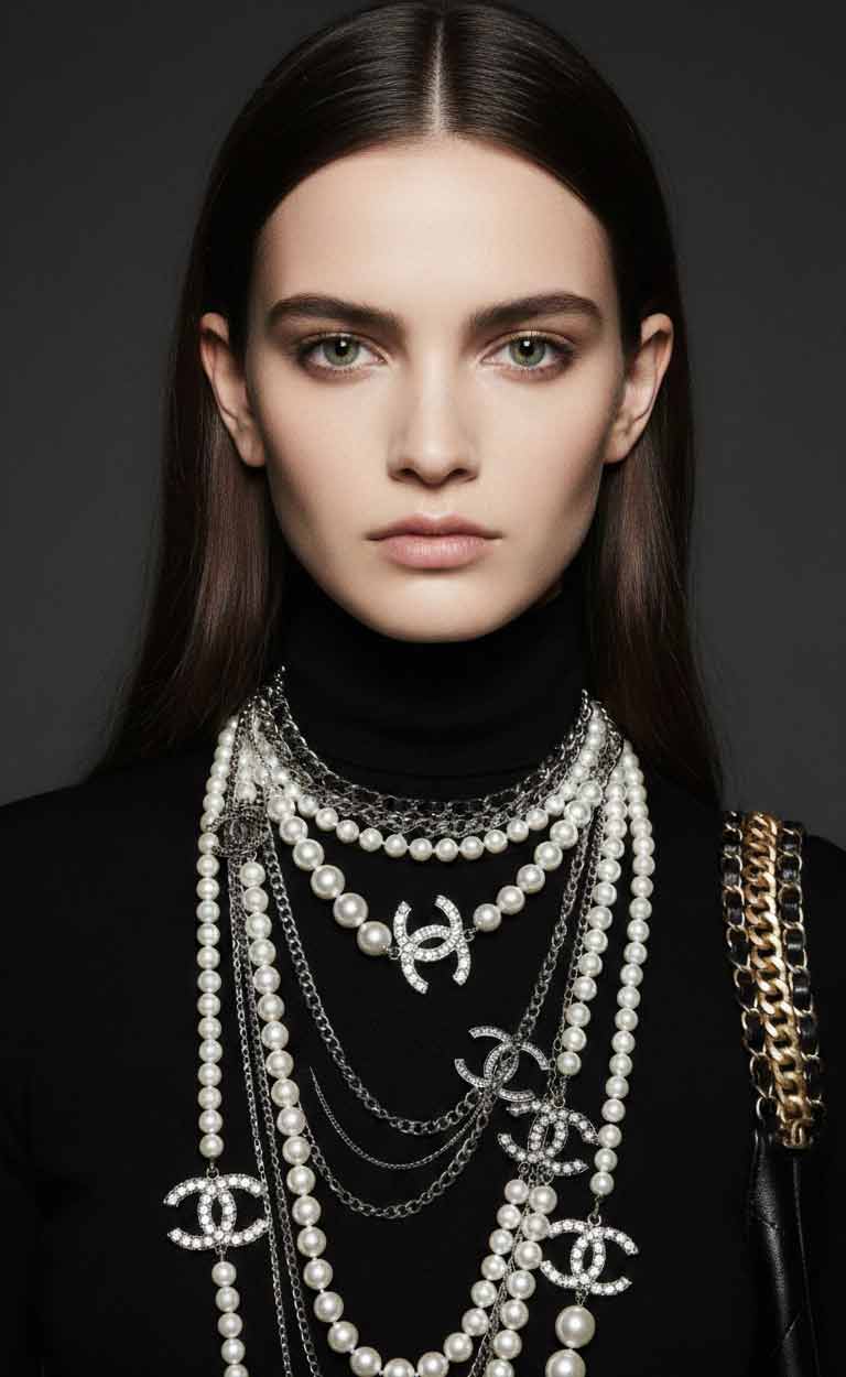 Styl Coco Chanel w biżuterii: warstwowe perły i łańcuchy w eleganckiej, nowoczesnej stylizacji