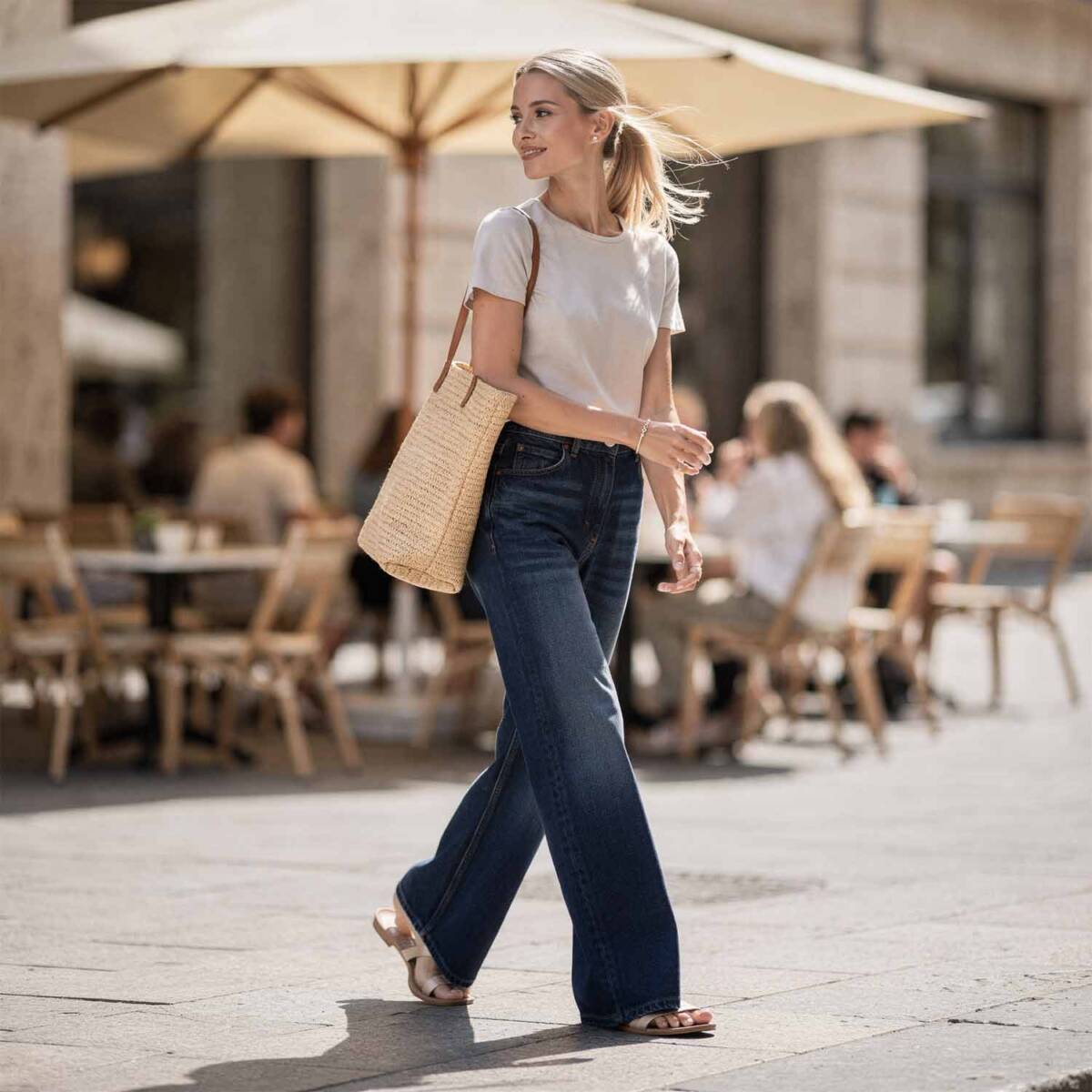 Letnia stylizacja: szeroka nogawka w indygo, jasny neutralny top i płaskie sandały