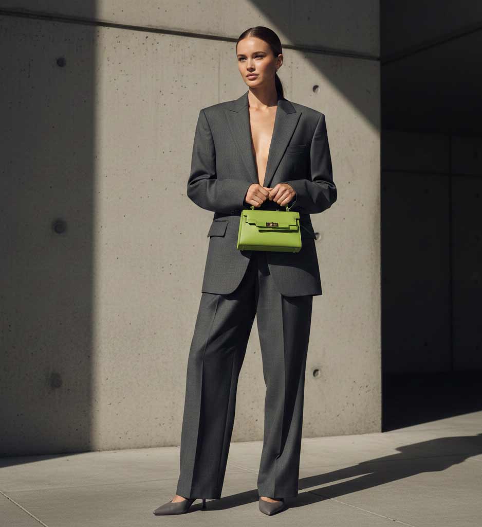 Wasabi green w dodatkach: mała torebka w odcieniu wasabi na tle stylizacji w neutralach (brąz i złamana biel)