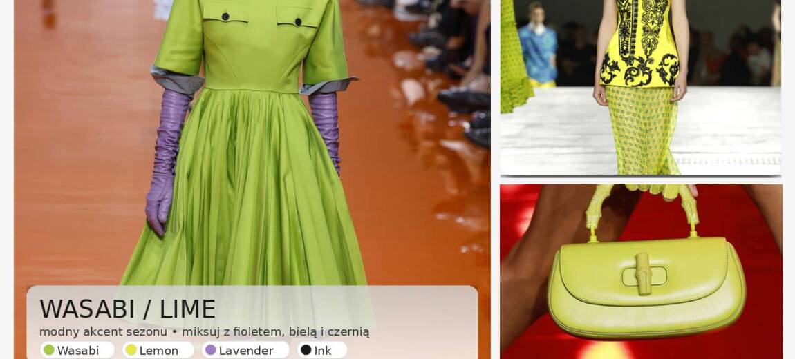 Wasabi green stylizacje 2026 – kolaż: sukienka w zieleni wasabi, żółty top z haftem, limonkowa torebka i rękawiczka na wybiegu