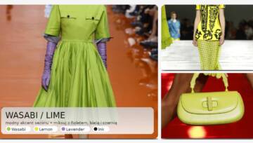 Wasabi green stylizacje 2026 – kolaż: sukienka w zieleni wasabi, żółty top z haftem, limonkowa torebka i rękawiczka na wybiegu