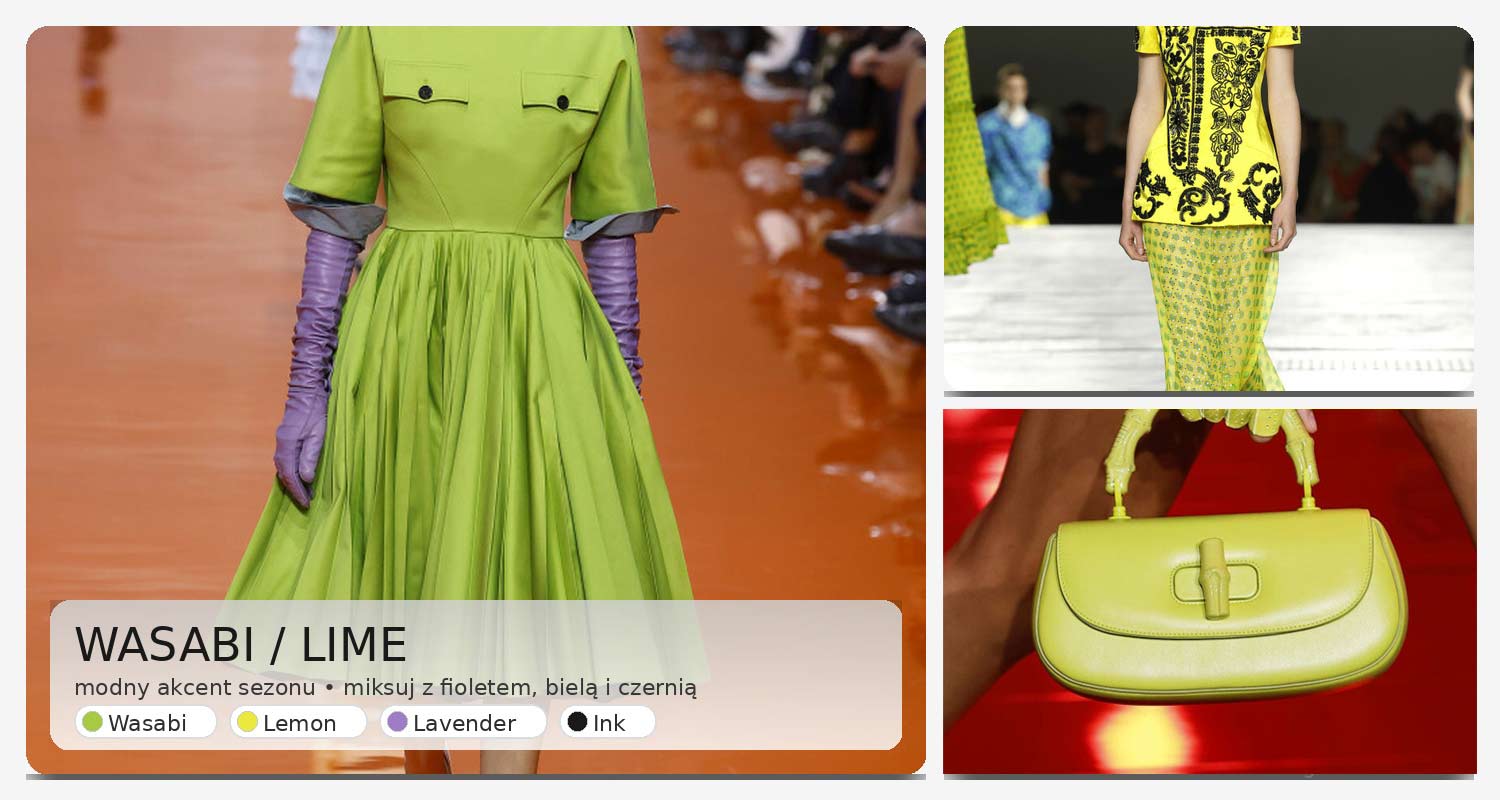 Wasabi green stylizacje 2026 – kolaż: sukienka w zieleni wasabi, żółty top z haftem, limonkowa torebka i rękawiczka na wybiegu