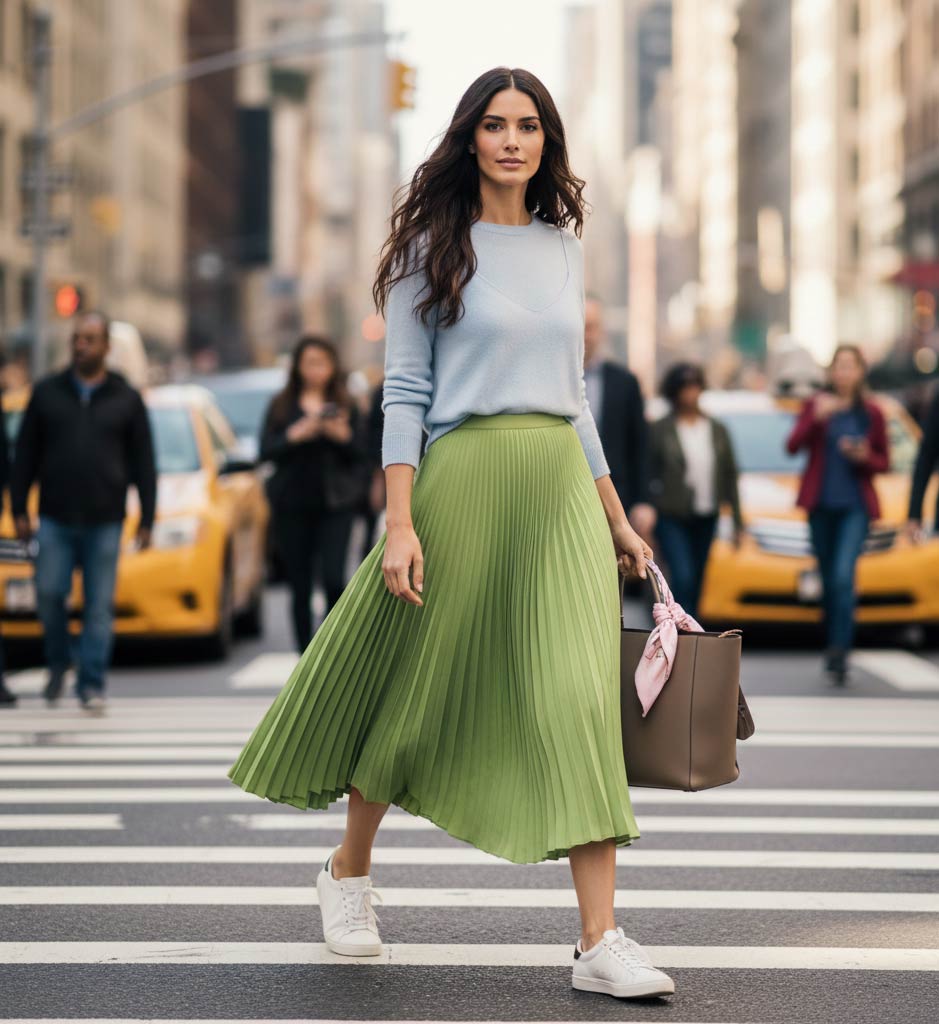 Wasabi green i pastele: spódnica w odcieniu wasabi połączona z delikatnym pastelowym kolorem (róż lub błękit)