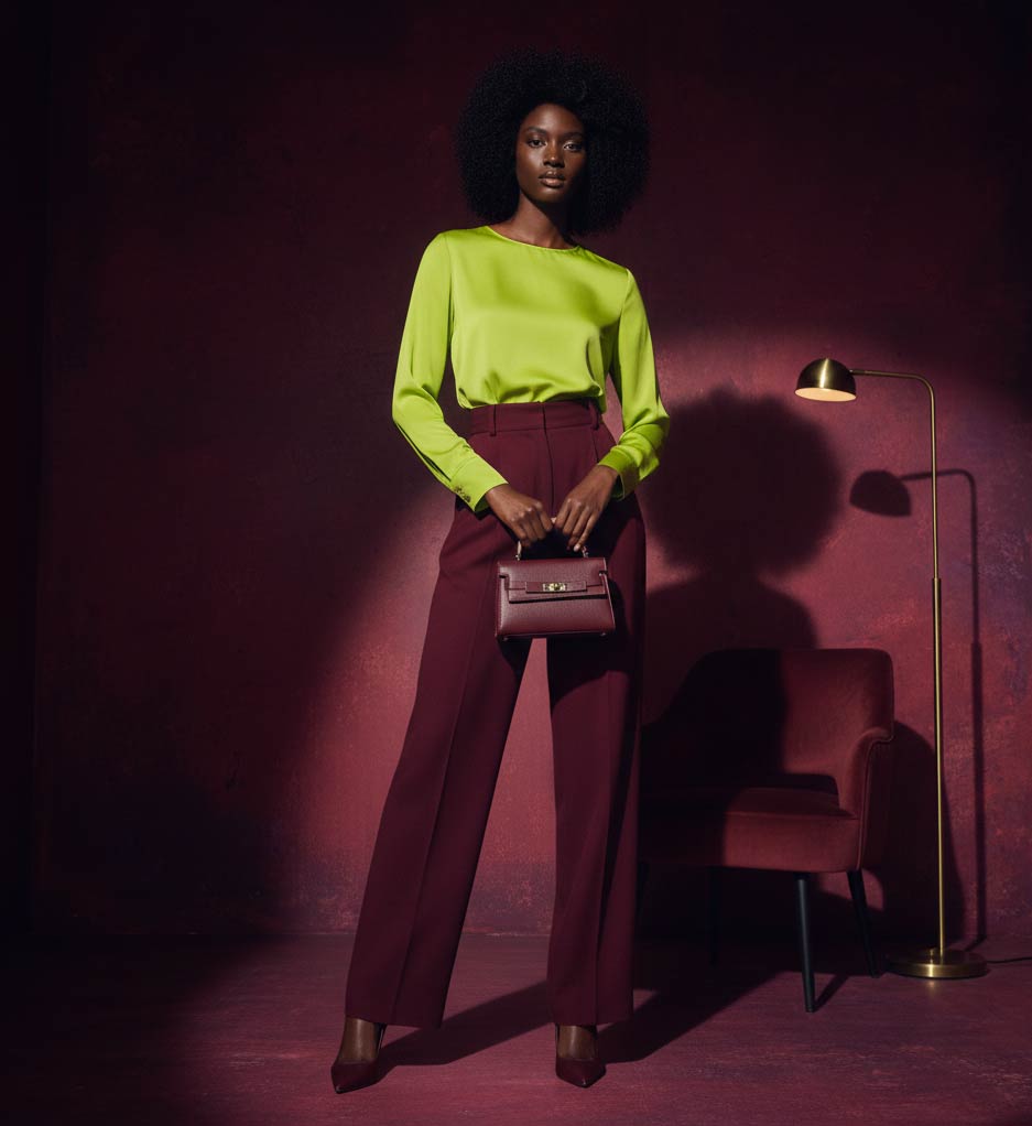 Wasabi green jako top: stylizacja z intensywną zielenią wasabi zestawiona z burgundem lub głęboką czerwienią