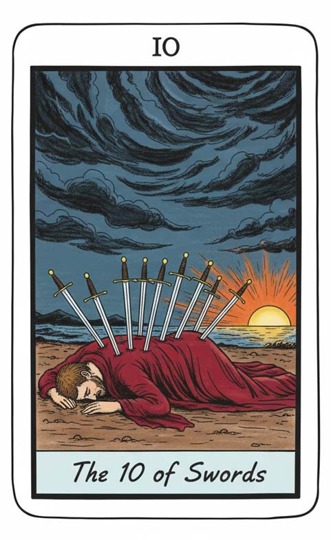 Panna – 10 Mieczy (karta cienia) w tarocie 2-8 marca 2026: przesadne czarne scenariusze, poczucie 'to koniec', dramatyzowanie, czas na zamknięcie starego sposobu myślenia