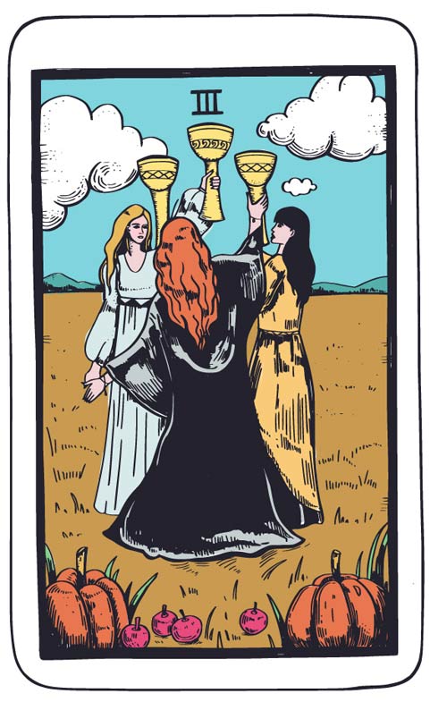 Bliźnięta – 3 Kielichów (karta rady) tarot 2-8 marca 2026: wsparcie ludzi, współpraca, rozmowa w dobrym gronie, świętowanie małych sukcesów i networking